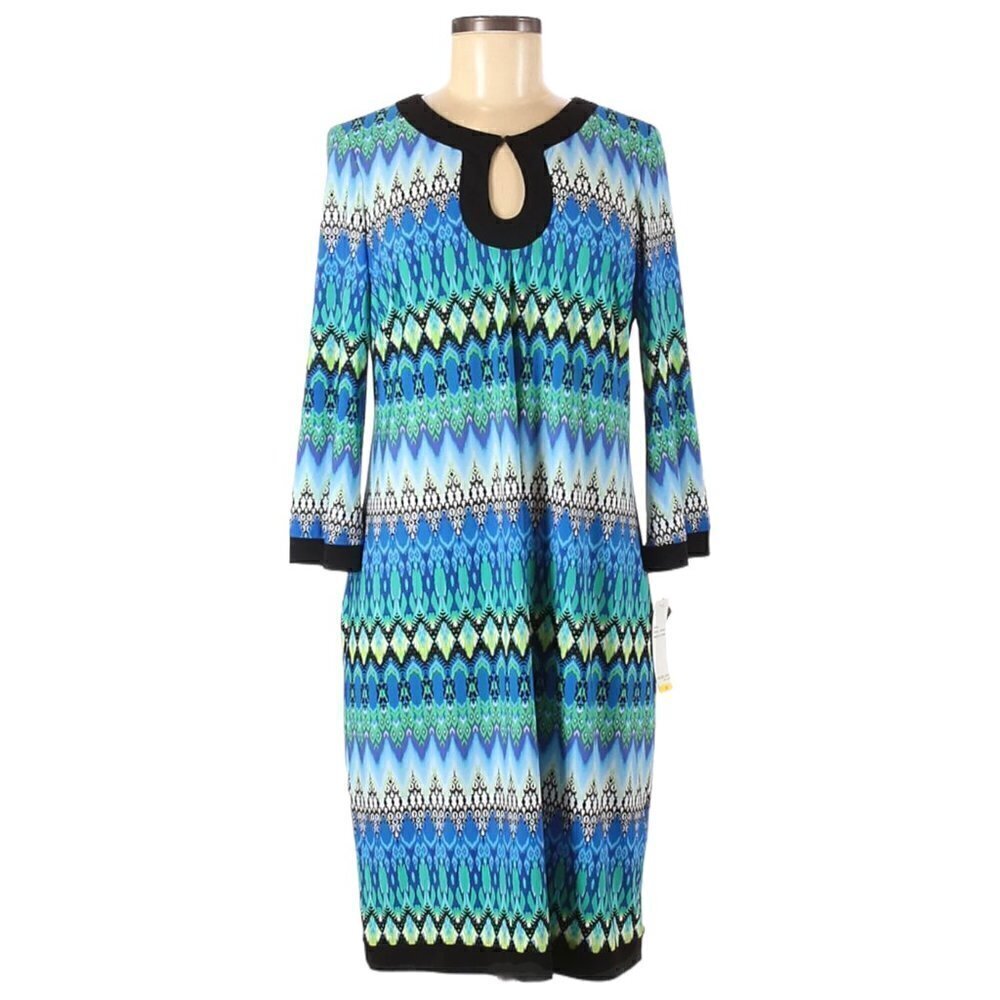 🌺 Studio One Geometric Keyhole Bright Knee Length Stretch Shift Dress M NWT